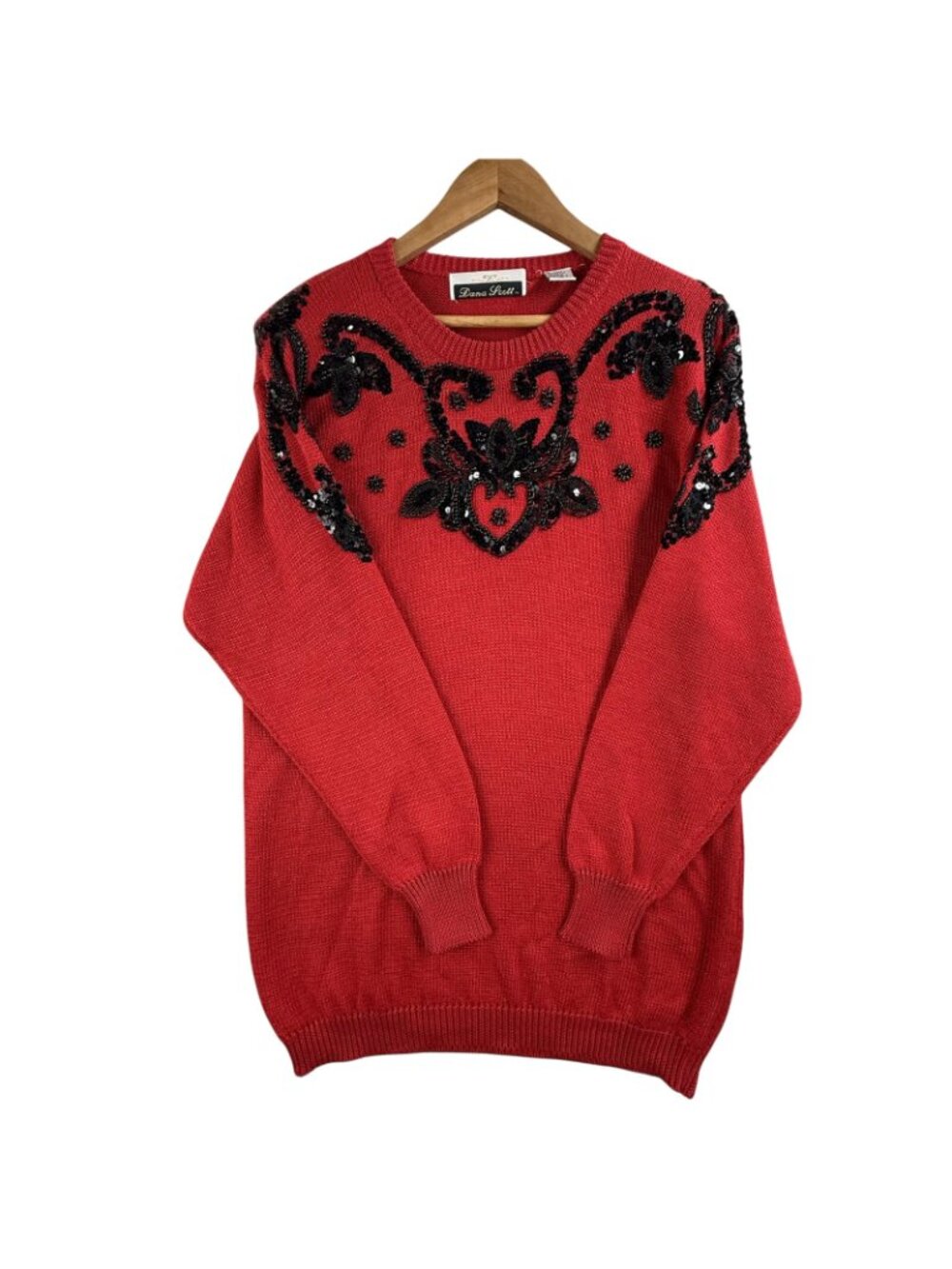 Vintage Dana Scott Sweater Womens Small Red Beaded Sequin Floral Tunic 90s Boho - Picture 6 of 15